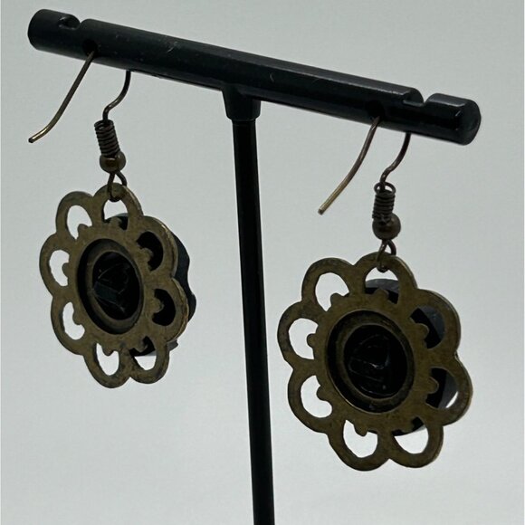 Vintage Button-Inspired Silver-Tone Dangle Earrings With Flower Design Retro - Picture 6 of 11